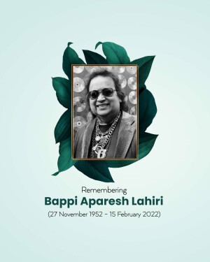 Portrait of Bappi Lahiri with floral elements and dates of birth and death