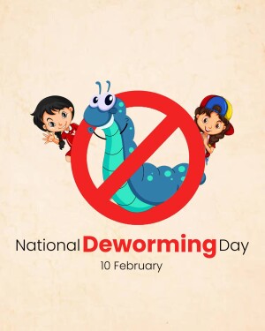 Illustration promoting National Deworming Day with children and a crossed-out worm.