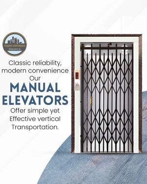 Image of a manual elevator with a decorative metal gate, promoting Aspire Elevators.