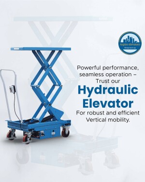 Blue hydraulic scissor lift with Aspire Elevators logo