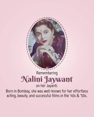 Portrait of Nalini Jaywant with text commemorating her birth anniversary