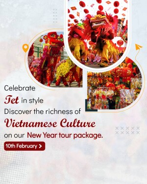 Vietnamese Lunar New Year celebration with lion dance and cultural elements