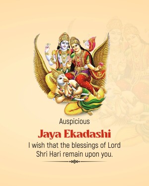 Image depicting Lord Vishnu and Goddess Lakshmi on Garuda, with text 'Jaya Ekadashi' and a blessing.