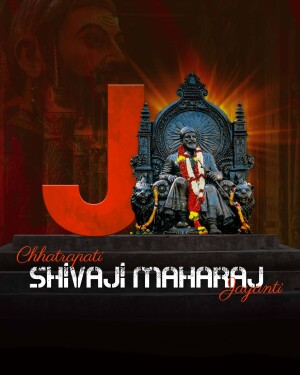 Image depicting Chhatrapati Shivaji Maharaj Jayanti with a large 'J' and statue of Shivaji Maharaj.