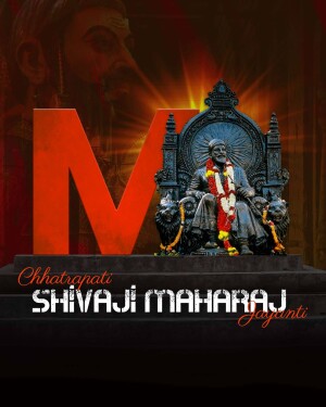 Image depicting Chhatrapati Shivaji Maharaj Jayanti with a large 'M' and a statue of Shivaji Maharaj.