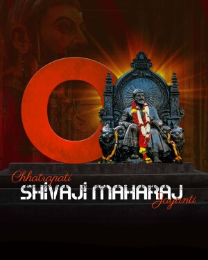 Poster for Chhatrapati Shivaji Maharaj Jayanti featuring a statue of Shivaji Maharaj and the letter 'O'