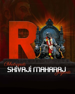 Image depicting Chhatrapati Shivaji Maharaj Jayanti with a large 'R' and a statue of Shivaji Maharaj.
