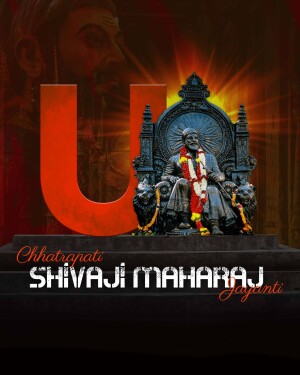 Image depicting Chhatrapati Shivaji Maharaj Jayanti with a statue of Shivaji Maharaj and a large letter 'U'.