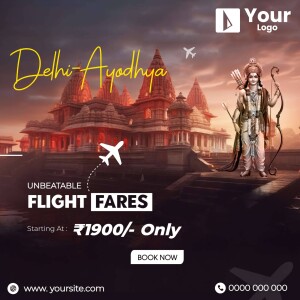 Promotional image for Delhi to Ayodhya flights with Ram statue and temple background.