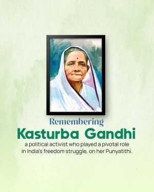 Portrait of Kasturba Gandhi with text 'Remembering Kasturba Gandhi'