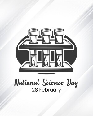 Illustration of test tubes and beakers with the text 'National Science Day 28 February'