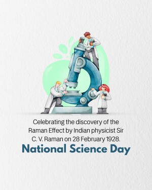 Illustration of scientists with a large microscope and text celebrating National Science Day and C.V. Raman's discovery.