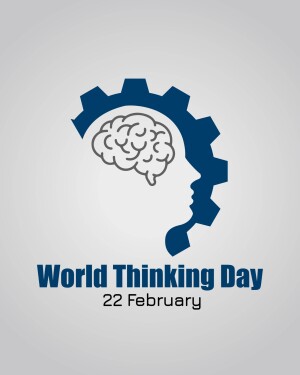 Illustration of a brain shaped like a human head inside a gear, with text 'World Thinking Day 22 February'