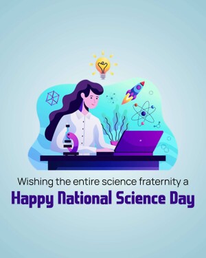 Illustration of a woman working on a laptop with science-related imagery around her, celebrating National Science Day.