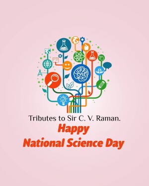 Illustration celebrating National Science Day with science-related icons and text honoring Sir C.V. Raman.