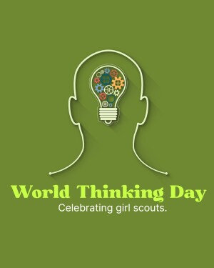 Illustration of a head silhouette with a lightbulb containing gears inside, celebrating World Thinking Day and Girl Scouts.