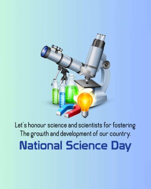 Illustration of a microscope, test tubes, a lightbulb, and a magnet with text celebrating National Science Day.