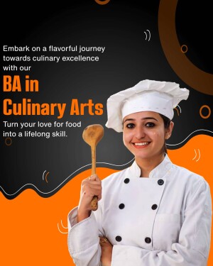 Young female chef holding a wooden spoon, promoting a BA in Culinary Arts program.