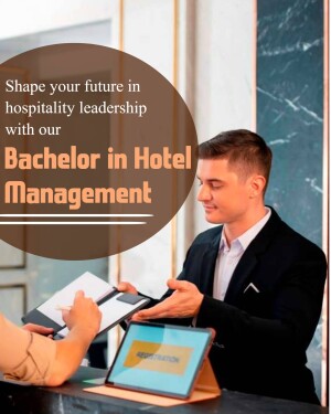 A young man in a suit interacting with a receptionist at a hotel, promoting a Bachelor's degree in Hotel Management.