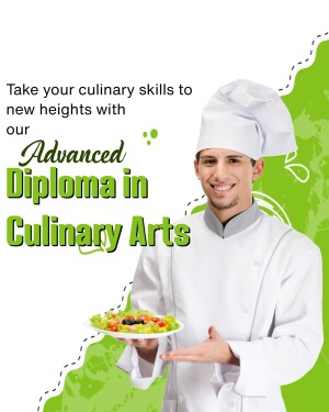 Chef presenting a salad with text advertising an Advanced Diploma in Culinary Arts
