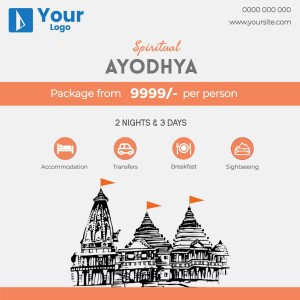 Ayodhya travel package advertisement with temple illustration