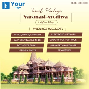 Travel package advertisement for Varanasi and Ayodhya with temple image.