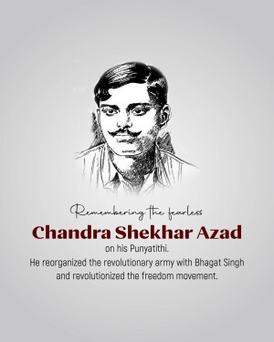 Portrait of Chandra Shekhar Azad with text commemorating his Punyathithi