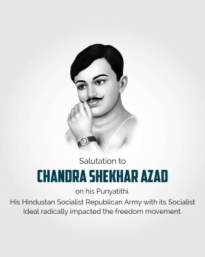 Portrait of Chandra Shekhar Azad with text commemorating his Punyatithi