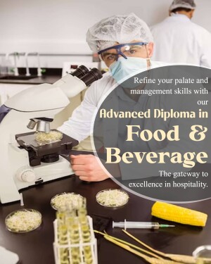 Scientist examining food sample under a microscope with text promoting an Advanced Diploma in Food & Beverage.