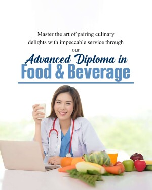 Woman with laptop and food, promoting Food & Beverage Diploma