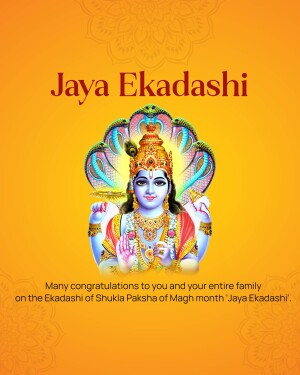 Image depicting Lord Vishnu with text 'Jaya Ekadashi' and festive greetings.