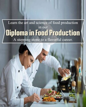 Two chefs preparing food in a professional kitchen, promoting a Diploma in Food Production program.