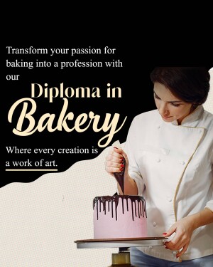 Woman decorating a cake with a pastry bag, promoting a bakery diploma program.