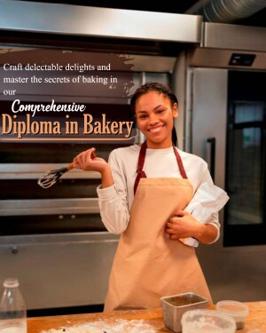 Young woman in a bakery apron holding a whisk