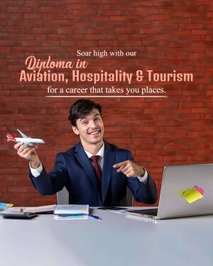 Young man holding a model airplane and pointing towards a laptop, promoting a diploma in Aviation, Hospitality & Tourism.