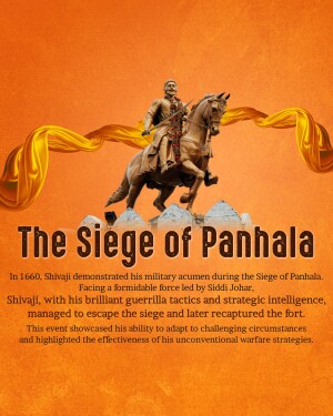 Statue of Shivaji Maharaj on horseback with a golden ribbon and text about the Siege of Panhala