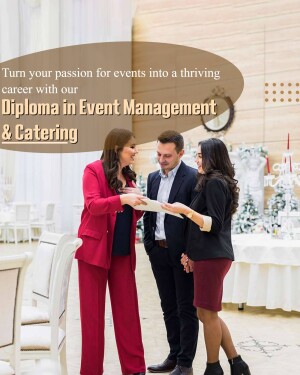 Three professionals discussing event details in a banquet hall, promoting an Event Management Diploma.