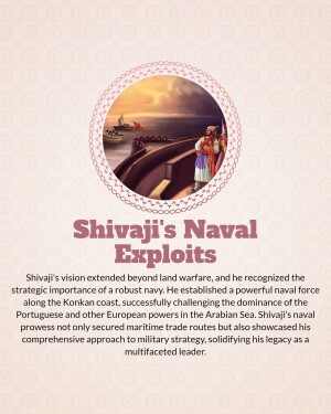 Illustration depicting Shivaji Maharaj and his naval fleet with text about his naval strategies.