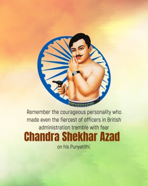Portrait of Chandra Shekhar Azad with the Indian flag in the background