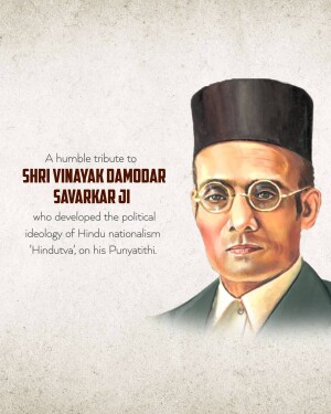 Portrait of Vinayak Damodar Savarkar with text tribute