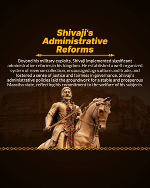 Statue of Shivaji Maharaj on horseback with text about his administrative reforms