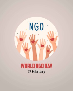 Illustration of diverse hands reaching up with red hearts, celebrating World NGO Day.