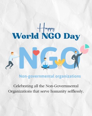 Illustration celebrating World NGO Day with people and the NGO acronym.