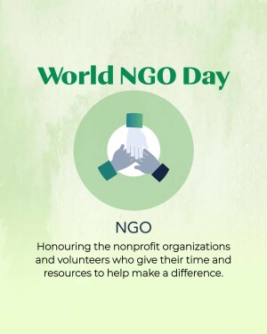 Graphic celebrating World NGO Day with hands supporting a symbol.