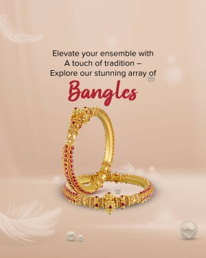 Close-up of gold bangles with red stone detailing on a soft pink background.