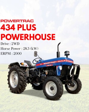 Blue Powertrac 434 Plus 2WD Tractor in a field