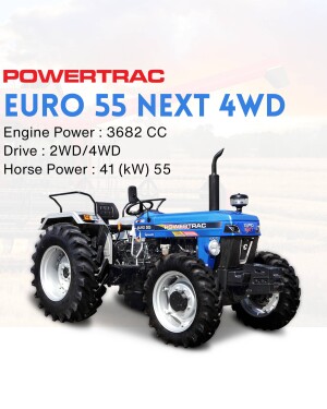 Blue and silver Powertrac Euro 55 Next 4WD tractor with detailed specifications.