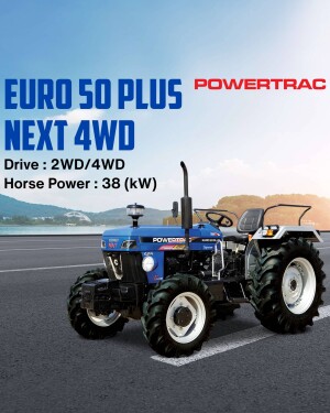 Blue PowerTrac Euro 50 Plus Next 4WD tractor with specifications