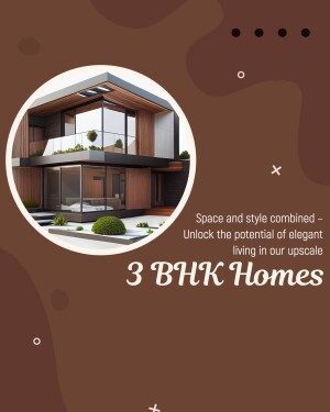 A modern 3 BHK home with a circular frame and brown background.
