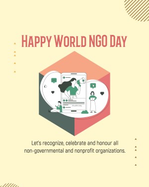 Illustration celebrating World NGO Day with people using technology for social good.